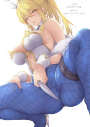 Rule 34 | 1girl, absurdres, ahoge, animal ears, artoria pendragon (all), artoria pendragon (fate), artoria pendragon (swimsuit ruler) (fate), ass, blonde hair, blue necktie, blue pantyhose, blush, braid, breasts, cleavage, clothing cutout, detached collar, fake animal ears, fate/grand order, fate (series), fishnet pantyhose, fishnets, french braid, green eyes, hair between eyes, highres, kana616, large breasts, leotard, long hair, looking at viewer, navel cutout, necktie, open mouth, pantyhose, playboy bunny, ponytail, rabbit ears, saber (fate), simple background, solo, spread legs, squatting, thigh strap, thighs, wedgie, white background, white leotard, wrist cuffs