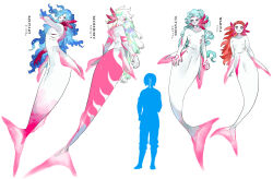 Rule 34 | 1girl, 3boys, androgynous, animal ears, aqua hair, arm fins, arms at sides, back fin, blue hair, body markings, breasts, colored skin, completely nude, facepaint, facial mark, fins, forehead mark, full body, gills, green hair, hair over one eye, hand up, height, highres, long hair, looking at viewer, looking back, mermaid, merman, monster boy, monster girl, multicolored skin, multiple boys, navel, nipples, nkvoop, nude, orange hair, original, pink nails, pink skin, red skin, silhouette, simple background, small breasts, very long hair, webbed hands, white background, white hair