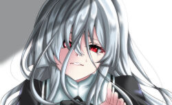 Rule 34 | 1girl, assault lily, mismatched irises, black ribbon, craisis (craisis2), crying, crying with eyes open, grey background, grey hair, hair between eyes, hair over one eye, hand up, highres, long bangs, long hair, looking at viewer, neck ribbon, parted lips, portrait, puffy sleeves, red eyes, ribbon, school uniform, shade, shirai yuyu, solo, tears, white background, yurigaoka girls academy school uniform