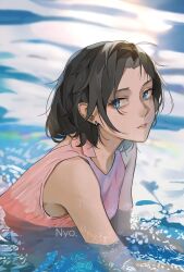 Rule 34 | 1girl, absurdres, artist name, black hair, blue eyes, commentary, earrings, highres, jewelry, nyozantium, original, partially submerged, pink shirt, profile, shirt, sleeveless, sleeveless shirt, solo, upper body, water, watermark