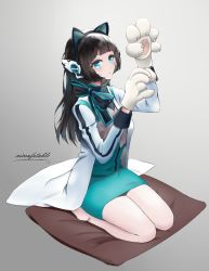 Rule 34 | 1girl, animal ears, animal hands, black hair, blue eyes, blush, bow, cat ears, cat paws, grey background, headgear, humagear headphones, is (kamen rider 01), jacket, kamen rider, kamen rider 01 (series), long hair, long sleeves, looking at viewer, multicolored hair, niceufotable, paw pose, robot ears, seiza, simple background, sitting, solo, white jacket