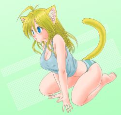 Rule 34 | 1girl, akira m, animal ears, barefoot, blonde hair, blue eyes, breasts, cat ears, cat girl, cat tail, cleavage, collarbone, covered erect nipples, green background, green panties, grey shirt, large breasts, long hair, midriff, panties, shirt, sitting, solo, striped clothes, striped panties, tail, tank top, underwear