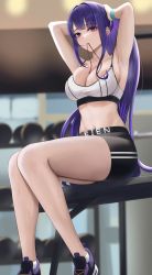 Rule 34 | 1girl, alternate costume, armpits, arms up, black shorts, blurry, blurry background, blush, breasts, cleavage, genshin impact, highres, large breasts, looking at viewer, mouth hold, ponytail, purple eyes, purple hair, raiden shogun, shorts, sitting, sleeveless, solo, sports bra, sweat, thighs, white sports bra, yamikyon