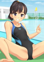Rule 34 | 1girl, absurdres, arena (company), barefoot, black eyes, black hair, black one-piece swimsuit, blue sky, cloud, collarbone, competition swimsuit, day, fence, flat chest, full body, grin, groin, highres, lifeguard chair, looking at viewer, one-piece swimsuit, original, outdoors, pool, pool ladder, poolside, short ponytail, sitting, sky, smile, solo, spread legs, swimsuit, takafumi, v