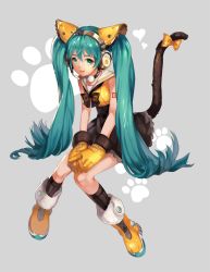 Rule 34 | 1girl, bad id, bad pixiv id, boots, cat tail, collar, gloves, green eyes, green hair, grey background, hatsune miku, headset, kneehighs, long hair, looking at viewer, matching hair/eyes, platina77, sailor collar, sitting, skirt, socks, solo, tail, twintails, very long hair, vocaloid
