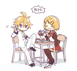 Rule 34 | 1girl, 2boys, armband, black skirt, blonde hair, blue eyes, blush, chair, closed eyes, collar, commentary, desk, executive student council (module), feet on chair, full body, hair ornament, hairclip, holding, holding paper, jacket, kagamine len, kagamine rin, leg up, light blush, miniskirt, multiple boys, open mouth, origami, pants, paper, paper airplane, paper crane, pleated skirt, pouty lips, project diva (series), red collar, red skirt, school uniform, serafuku, short hair, sitting, skirt, smile, spiked hair, suzumi (fallxalice), swept bangs, thighhighs, trad school (module), translation request, uniform, vocaloid, white background, white jacket, white pants, white uniform