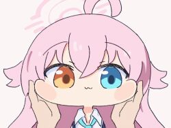Rule 34 | 1girl, 1other, :3, ahoge, animated, animated gif, blue archive, blue eyes, blue necktie, blush, closed eyes, closed mouth, collared shirt, commentary request, hair between eyes, halo, hands on another&#039;s cheeks, hands on another&#039;s face, heterochromia, hoshino (blue archive), long hair, necktie, open mouth, orange eyes, pink hair, pink halo, shirt, simple background, umihio, upper body, white background, white shirt