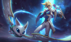 Rule 34 | 1boy, adjusting collar, blonde hair, blue eyes, blue hair, ezreal, fingerless gloves, gloves, goggles, goggles on head, league of legends, looking at viewer, magical boy, male focus, multicolored hair, official art, solo, spiked hair, star (symbol), star guardian (league of legends), star guardian ezreal, tuxedo, two-tone hair, wings