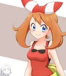 Rule 34 | 2girls, bare arms, blue eyes, breasts, brown hair, closed mouth, collarbone, commentary request, creatures (company), dawn (pokemon), eyelashes, fanny pack, game freak, highres, kouzuki (reshika213), long hair, looking at viewer, may (pokemon), multiple girls, nintendo, pokemon, pokemon dppt, pokemon oras, red shirt, shirt, sleeveless, sleeveless shirt, smile, upper body, yellow bag