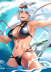 Rule 34 | 1girl, animal ears, bare shoulders, beach, bikini, black bikini, blue eyes, body markings, breasts, caenis (fate), caenis (swimsuit rider) (fate), caenis (swimsuit rider) (first ascension) (fate), cleavage, collarbone, fate/grand order, fate (series), goggles, hairband, harpoon, keruberosu-a, knee up, large breasts, long hair, looking at viewer, navel, ocean, open mouth, rope, smile, solo, swimsuit, thighs, very long hair, wading, waves, wet, white hair