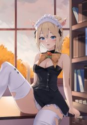 Rule 34 | 1girl, animal ears, warrior of light (ff14), bare arms, bare shoulders, black shirt, black skirt, blonde hair, blue eyes, book, bookshelf, bow, bowtie, breasts, cat ears, cat tail, cleavage, commentary request, facial mark, final fantasy, final fantasy xiv, highres, indoors, looking at viewer, maid headdress, medium breasts, miniskirt, miqo&#039;te, orange bow, orange bowtie, original, panties, parted lips, shirt, short hair, sitting, skirt, skirt set, solo, steeb, strapless, strapless shirt, tail, thighhighs, thighs, underwear, whisker markings, white panties, white thighhighs, window