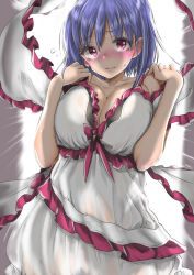 Rule 34 | 1girl, adapted costume, bare shoulders, blue hair, blush, bow, breasts, chikado, cleavage, collarbone, commentary request, cowboy shot, dress, frilled shawl, frills, hagoromo, hands up, highres, large breasts, looking at viewer, nagae iku, no headwear, nose blush, red bow, red eyes, shawl, short hair, solo, spaghetti strap, sweat, touhou, white background, white dress