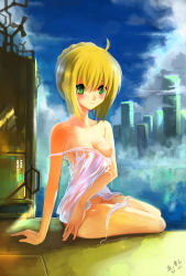 Rule 34 | 1girl, absurdres, ahoge, artoria pendragon (fate), blonde hair, breasts, clothes pull, dress, dress pull, fate/stay night, fate (series), green eyes, highres, nipples, off shoulder, panties, panty pull, saber (fate), small breasts, solo, summercards, sundress, underwear