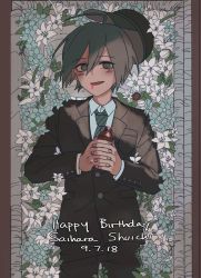Rule 34 | 1boy, :d, ahoge, black headwear, black jacket, black pants, blood, blood from mouth, blush, bottle, brown eyes, character name, coffin, collared shirt, cowboy shot, danganronpa (series), danganronpa v3: killing harmony, dated, flower, hair between eyes, happy birthday, holding, holding bottle, jacket, laaaicha, long sleeves, looking at viewer, lying, male focus, necktie, on back, open mouth, own hands together, pants, saihara shuichi, shirt, short hair, smile, solo, striped necktie, striped neckwear