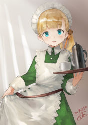 Rule 34 | 1girl, alternate costume, apron, blonde hair, blue eyes, blunt bangs, blush, cup, dated, dress, enmaided, frilled apron, frills, green dress, hair ribbon, highres, holding, holding tray, kantai collection, long hair, long sleeves, looking at viewer, maid, maid headdress, open mouth, orange ribbon, ribbon, shin&#039;you (kancolle), side ponytail, signature, smile, solo, teacup, teapot, toka (marchlizard), tray, upper body, white apron