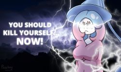 Rule 34 | 1girl, :&lt;, angry, artist name, blue hair, blue hat, breasts, closed mouth, cloud, cloudy sky, colored skin, creatures (company), electricity, english text, female focus, game freak, gen 8 pokemon, glowing, glowing eyes, gradient hair, hat, hatterene, highres, lightning, long hair, medium breasts, meme, mountain, multicolored hair, nintendo, outdoors, pearboy-ooh, photo background, pink hair, pokemon, pokemon (creature), signature, sky, solo, standing, storm, two-tone hair, upper body, v-shaped eyebrows, very long hair, white eyes, white skin, witch hat