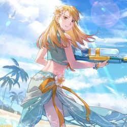 Rule 34 | 1girl, arakawa hiromu, artist request, bird, blonde hair, check artist, cloud, commentary, english commentary, flower, fullmetal alchemist, hair flower, hair ornament, happy, long hair, looking at viewer, official art, palm tree, riza hawkeye, seagull, sky, smile, solo, standing, tree, water gun, yellow eyes