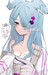 Rule 34 | 1girl, absurdres, black sclera, blue eyes, blue hair, blush, breasts, cleavage, collarbone, colored sclera, daiishori, dragon, elira pendora, elira pendora (1st costume), extra eyes, fingers together, gloves, grey gloves, grey overalls, hair behind ear, hair over one eye, head wings, highres, looking at viewer, looking to the side, mole, nervous, nijisanji, nijisanji en, off shoulder, one eye covered, overalls, pikl (elira pendora), pointy ears, portrait, single glove, sleeves past fingers, sleeves past wrists, smile, solo focus, sweater, virtual youtuber, white eyes, white sweater, wings
