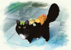 Rule 34 | animal, animal focus, bag, basket, bird, black cat, bow, bowtie, cat, chicken, day, frog, green bow, hachiya shohei, highres, mole (animal), necktie, original, outdoors, red bow, red bowtie, red necktie, scenery, shopping bag, whiskers