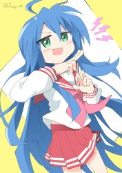 Rule 34 | 1girl, absurdres, artist request, blue hair, character name, goggles, goggles on head, green eyes, highres, izumi konata, lucky star, smile, white background, yellow background