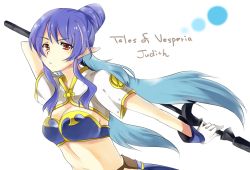 Rule 34 | 00s, 1girl, blue hair, character name, copyright name, judith (tales), long hair, midriff, mizuse kotone, pointy ears, ponytail, pout, red eyes, solo, tales of (series), tales of vesperia, weapon, white background