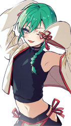 Rule 34 | 1boy, androgynous, arched back, armpits, arms up, black shirt, braid, braided ponytail, clothing cutout, crop top, fangs, green hair, highres, jacket, male focus, midriff, navel, nijisanji, one eye closed, open mouth, pink eyes, ponytail, ryuushen, shirt, side cutout, sidelocks, simple background, sleeveless, sleeveless shirt, sleeves past fingers, sleeves past wrists, solo, trap, virtual youtuber, white background, white jacket, yoruhachi