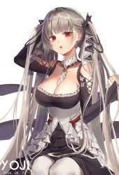 Rule 34 | 1girl, artist name, azur lane, bare shoulders, between breasts, black dress, breasts, bridal gauntlets, cleavage, dated, detached collar, dress, formidable (azur lane), frilled dress, frills, grey hair, highres, holding, holding own hair, large breasts, long hair, open mouth, red eyes, sitting, solo, twintails, two-tone dress, two-tone ribbon, underbust, very long hair, white dress, white legwear, yoji (pl05030786)