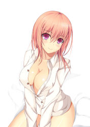 Rule 34 | 1girl, bad id, bad pixiv id, bed sheet, blush, breasts, buttons, cleavage, collarbone, collared shirt, dress shirt, hair between eyes, hatsu (first snow), head tilt, highres, large breasts, long sleeves, looking at viewer, naked shirt, no bra, no panties, original, pink hair, purple eyes, seiza, shiny skin, shirt, simple background, sitting, smile, solo, white background, white shirt