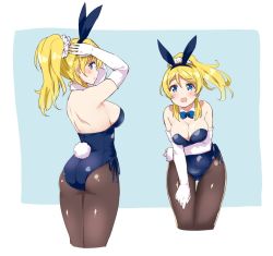 Rule 34 | 1girl, animal ears, ass, ayase eli, bare shoulders, black pantyhose, blonde hair, blue bow, blue bowtie, blue eyes, blue leotard, bow, bowtie, breasts, cleavage, cropped legs, detached collar, elbow gloves, fake animal ears, gloves, hair ornament, hair scrunchie, hairband, kurokawa makoto, large breasts, leaning forward, leotard, long hair, looking at viewer, love live!, love live! school idol project, multiple views, pantyhose, playboy bunny, rabbit ears, rabbit tail, scrunchie, shiny clothes, smile, standing, tail, thigh gap, white gloves
