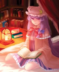 Rule 34 | 1girl, book, book stack, bookshelf, candle, capelet, crescent, crescent hair ornament, double bun, dress, faux traditional media, hair bun, hair ornament, hair ribbon, hat, highres, lantern, light smile, lips, long hair, looking at viewer, mob cap, open book, patchouli knowledge, purple eyes, purple hair, ribbon, robe, sa haru, sitting, solo, striped clothes, striped dress, touhou, tress ribbon, wariza