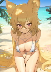 Rule 34 | 1girl, absurdres, animal ear fluff, animal ears, arm strap, bare arms, bare shoulders, beach, between legs, bikini, blonde hair, blush, breasts, cleavage, closed mouth, collarbone, commentary, commission, day, ellin meiji, hair between eyes, hand between legs, highres, large breasts, leaning forward, long hair, mole, mole on breast, navel, ocean, original, outdoors, pixiv commission, purple eyes, romana, seiza, sitting, solo, swimsuit, thighs, very long hair, white bikini
