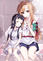 Rule 34 | 10s, 2girls, asuna (sao), bad id, bare legs, black hair, closed eyes, finger to mouth, highres, leaning on person, light smile, long hair, looking at viewer, matsuryuu, mother and daughter, multiple girls, orange eyes, orange hair, petals, sitting, sketch, sleeping, smile, sword art online, yui (sao)