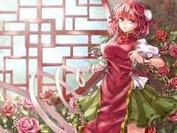 Rule 34 | 1girl, amputee, bandages, blouse, breasts, bun cover, chain, cuffs, double bun, flower, hair bun, ibaraki kasen, large breasts, looking at viewer, pink eyes, pink hair, puffy short sleeves, puffy sleeves, red flower, red rose, ribbon-trimmed skirt, ribbon trim, rose, round window, shackles, shironeko yuuki, shirt, short sleeves, skirt, solo, standing, tabard, touhou, white shirt, window