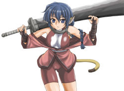 Rule 34 | 00s, 1girl, animal ears, blue eyes, blue hair, braid, breasts, bridal gauntlets, cameltoe, chain, collar, covered erect nipples, cowboy shot, holding, holding sword, holding weapon, huge weapon, japanese clothes, karulau, large breasts, long hair, matching hair/eyes, shiny clothes, simple background, solo, standing, sword, tail, thigh gap, utawarerumono, weapon, white background