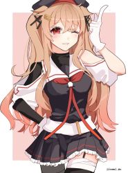 Rule 34 | 1girl, ;), asymmetrical clothes, black serafuku, black skirt, cowboy shot, gloves, gradient hair, hand on own hip, highres, index finger raised, kantai collection, kozu (bloomme1 me), light brown hair, long hair, looking at viewer, multicolored hair, murasame (kancolle), murasame kai ni (kancolle), one-hour drawing challenge, one eye closed, pleated skirt, red eyes, school uniform, serafuku, skirt, smile, solo, twitter username, two side up, white gloves