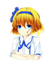 Rule 34 | 1girl, :t, absurdres, alice margatroid, alice margatroid (pc-98), angry, blonde hair, blue eyes, blush, bow, crossed arms, eyebrows, hair between eyes, hair bow, highres, kokutou (mimikinngu), looking at viewer, pout, short hair, simple background, solo, touhou, touhou (pc-98), upper body, white background