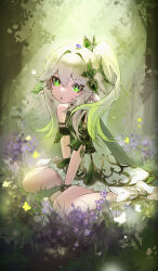 Rule 34 | 1girl, absurdres, ai dongdong, blurry, bracelet, cape, commentary request, depth of field, detached sleeves, dress, flower, forest, genshin impact, gradient eyes, grass, green cape, green eyes, hair between eyes, hair ornament, highres, jewelry, leaf hair ornament, long hair, looking at viewer, multicolored eyes, multicolored hair, nahida (genshin impact), nature, outdoors, parted lips, pointy ears, short dress, short sleeves, side ponytail, sidelocks, sitting, solo, streaked hair, sunlight, symbol-shaped pupils, two-tone hair, wariza, white dress, white hair