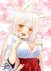 Rule 34 | 1girl, :d, animal ear fluff, animal ears, breasts, cleavage, eyebrows, fox ears, hakama, hakama skirt, index finger raised, japanese clothes, kohaku (yua), long hair, looking at viewer, miko, musical note, no panties, open mouth, original, quaver, side slit, signature, skirt, slit pupils, smile, solo, thick eyebrows, white hair, yellow eyes, yua (checkmate)