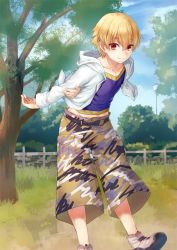 Rule 34 | 1boy, blonde hair, child, child gilgamesh (fate), collarbone, fate/grand order, fate/hollow ataraxia, fate (series), gilgamesh (fate), jacket, looking at viewer, male focus, official art, open clothes, open jacket, outdoors, red eyes, short hair, solo, tenkuu sphere, tree, white jacket
