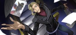 Rule 34 | 1boy, arm up, artist request, bangs pinned back, black jacket, blonde hair, blue eyes, blue pants, blurry, blurry foreground, buttons, code geass, code geass: lost stories, constricted pupils, diethard ried, double-breasted, forehead, from above, game cg, happy, highres, indoors, jacket, long sleeves, looking up, male focus, medium hair, non-web source, official art, pants, paper, parted lips, photo (object), ponytail, raised eyebrows, red shirt, shirt, smile, solo, stairs, standing, turtleneck shirt, zero (code geass)