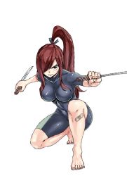 Rule 34 | 1girl, bandaid, bandaid on knee, bandaid on leg, barefoot, bodysuit, breasts, brown eyes, cleavage, erza scarlet, fairy tail, feet, full body, hair over one eye, large breasts, long hair, mashima hiro, ponytail, red hair, simple background, skin tight, solo, sword, toes, weapon, white background