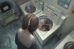 Rule 34 | 1girl, brown hair, disembodied head, electrical outlet, facing away, from above, indoors, laundry basket, looking inside, md5 mismatch, original, plug, reflection, school uniform, skinsuit, smile, table, tensen (dotted line), top-load washing machine, washing machine, zipper