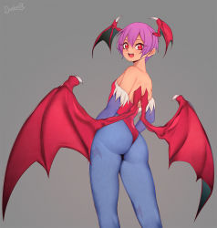 Rule 34 | 1girl, :d, animal print, ass, bare shoulders, bat print, bat wings, breasts, bridal gauntlets, commentary, darahan, demon girl, english commentary, flat chest, from behind, head wings, leotard, lilith aensland, looking at viewer, open mouth, pantyhose, print pantyhose, purple hair, red eyes, red leotard, short hair, smile, solo, vampire (game), wings