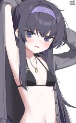 Rule 34 | 1girl, artist name, bikini, black bikini, black hair, blue archive, blush, breasts, cardigan, dated, grey cardigan, hair between eyes, highres, jewelry, long hair, myeolchi, navel, official alternate costume, open cardigan, open clothes, open mouth, pendant, purple eyes, signature, simple background, small breasts, solo, swimsuit, ui (blue archive), ui (swimsuit) (blue archive), upper body, white background