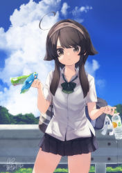 Rule 34 | 1girl, :o, ahoge, bag, bag charm, black hair, black skirt, blue sky, bottle, bow, breasts, brown eyes, brown hairband, charm (object), cloud, cloudy sky, collared shirt, commentary request, day, dress shirt, green bow, hair flaps, hairband, highres, holding, holding bottle, long hair, natsuki teru, original, outdoors, parted lips, pleated skirt, railing, school bag, shikibe ayaka, shirt, short sleeves, sidelocks, signature, skirt, sky, small breasts, solo, standing, sweat, white shirt