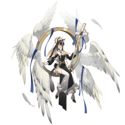Rule 34 | 1girl, absurdres, black hair, blue eyes, blue ribbon, breasts, colored inner hair, detached wings, dress, feathered wings, feathers, full body, habit, heterochromia, high heels, highres, hip vent, hitomi (tongshou), holding, holding staff, long dress, long hair, medium breasts, mole, mole under mouth, multicolored hair, multiple wings, nun, original, parted lips, red eyes, ribbon, simple background, solo, staff, tachi-e, tail, veil, white background, white hair, white wings, wings