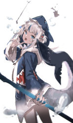 Rule 34 | 1girl, animal hood, bloop (gawr gura), blue eyes, blue hair, blue hoodie, blue nails, bubble, cowboy shot, fangs, fingernails, fins, fish tail, gawr gura, gawr gura (1st costume), highres, holding, holding weapon, hololive, hololive english, hood, hoodie, long fingernails, looking at viewer, microphone, microphone stand, multicolored hair, nail polish, open mouth, polearm, shark hood, shark tail, sharp fingernails, sharp teeth, silver hair, simple background, so-bin, solo, streaked hair, tail, teeth, trident, two-tone hair, virtual youtuber, weapon, white background
