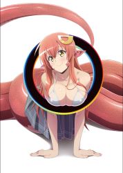 Rule 34 | 1girl, bikini, bikini top only, blush, breasts, collarbone, commentary request, covered erect nipples, hair between eyes, hair ornament, highres, lamia, large breasts, long hair, looking at viewer, miia (monster musume), monster girl, monster musume no iru nichijou, nail polish, official art, pink nails, pointy ears, red hair, scales, sidelocks, simple background, skirt, slit pupils, smile, solo, swimsuit, very long hair, white background, white bikini, yellow eyes