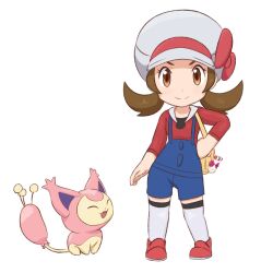 Rule 34 | 1girl, blue overalls, bow, brown eyes, brown hair, cabbie hat, chibi, commentary, creatures (company), english commentary, full body, game freak, gen 3 pokemon, greatm8, hand on own hip, hat, hat bow, hat ribbon, highres, looking at viewer, low twintails, lyra (pokemon), nintendo, overalls, photoshop (medium), pokegear, pokemon, pokemon (creature), pokemon hgss, red bow, red footwear, red shirt, ribbon, shirt, skitty, smile, socks, standing, straight-on, transparent background, twintails, white headwear, white socks