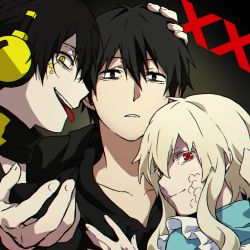 Rule 34 | 1girl, 2boys, bags under eyes, black hair, blonde hair, chromatic aberration, dark konoha, detached collar, facial mark, gradient background, headphones, hood, hoodie, kagerou project, kisaragi shintarou, konoha (kagerou project), kozakura marry, multiple boys, official style, ogkz, red eyes, scales, slit pupils, smile, symbol-shaped pupils, tongue, tongue out, upper body, yellow eyes